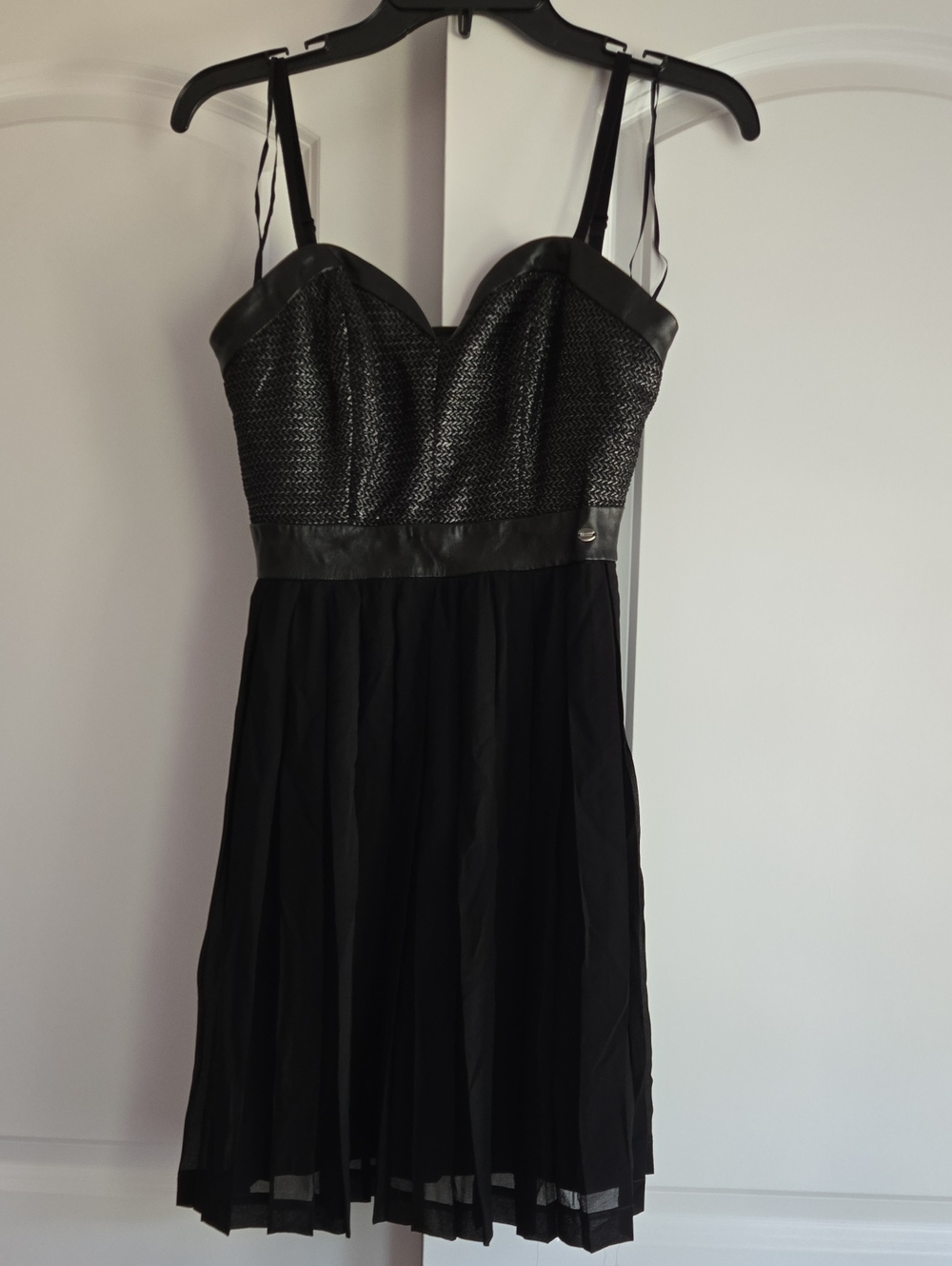Black Textured Bodice Spaghetti Strap With Leather Like Detail Dress